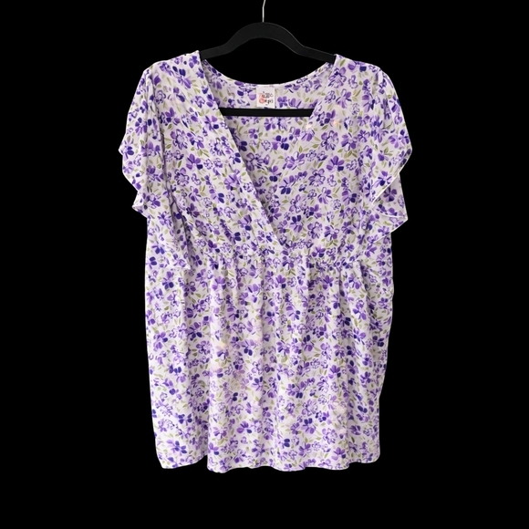 The Zigzag Stripe Tops - ZigZag Stripe | Purple Floral Ruffle Sleeve‎ Babydoll Top | XXL